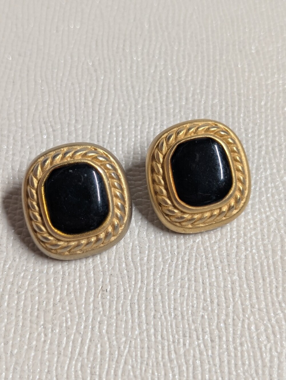 Gold-Tone Black Enamel Clip-On Earrings - Twisted Rope Frame Chunky